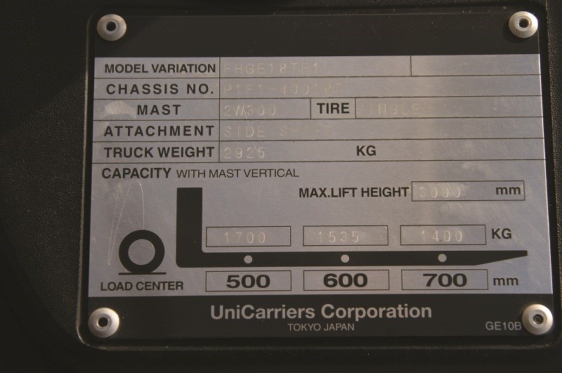 TCM forklifts F1 series info plate
