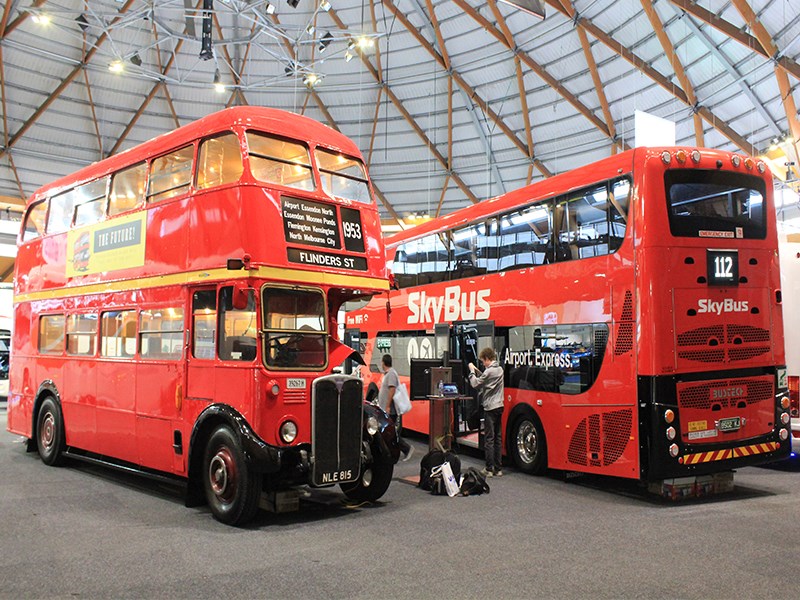 Red double deckers more than 60 years apart a 1953 London Transport AEC Regent RT with a 12.5 metre Bustech CDI.