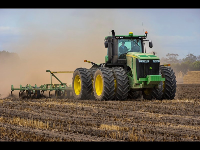John Deere 9410R tractor wih scarifier