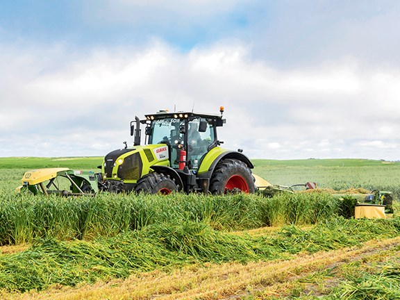 The Krone EasyCut combination mowers on the job on Telopea Downs at Kaniva in Victoria.