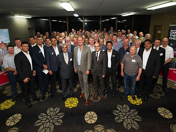 The Mahindra Ag & Auto Australia dealer network celebrate at the 2016 dealer awards with former Australian cricketer Matthew Hayden.