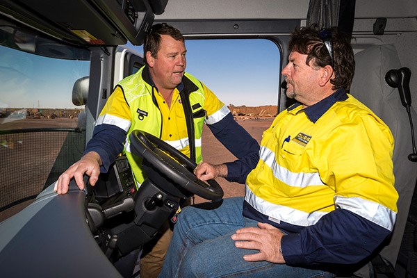 Scania Driver Trainer Craig Shipcott and Qube driver Don White in Scania 10x8.