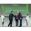 TICO president Akita Onishi (left) presents the President's Award to TMHA president and CEO Toshi (Tom) Nakazawa (centre) and TMHA executive vice president and COO Steve Takacs (right).