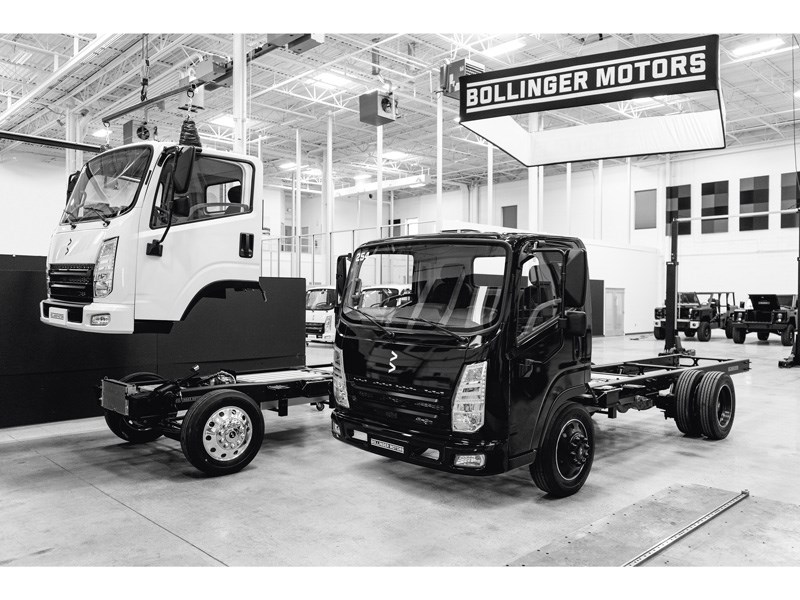 Bollinger Motors B4 Electric Chassis Cab White Black Background