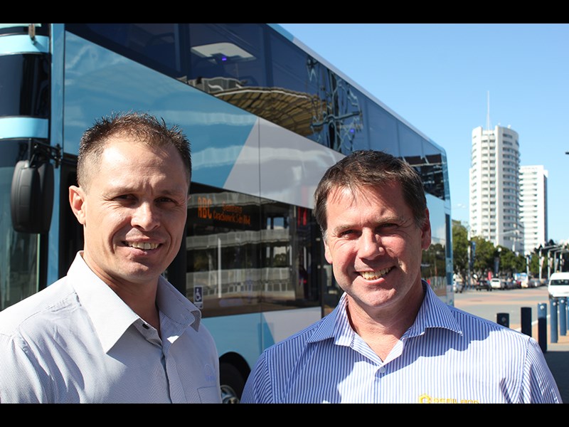 MAN Bus Australia’s Clint Stoermer (left, ie tallest) and Gemilang Australia’s Michael Neal