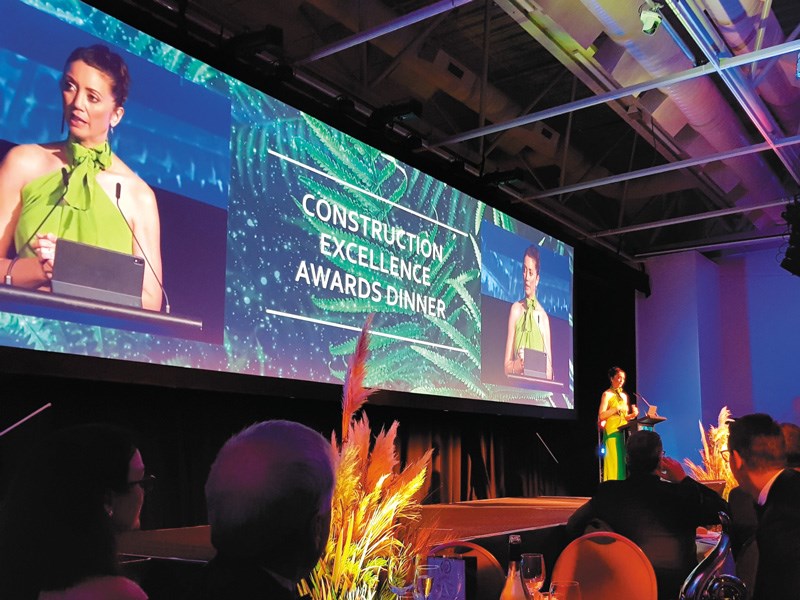 CCNZ Hirepool Construction Excellence Awards event MC Miriama Kamo introduces the awards evening on stage