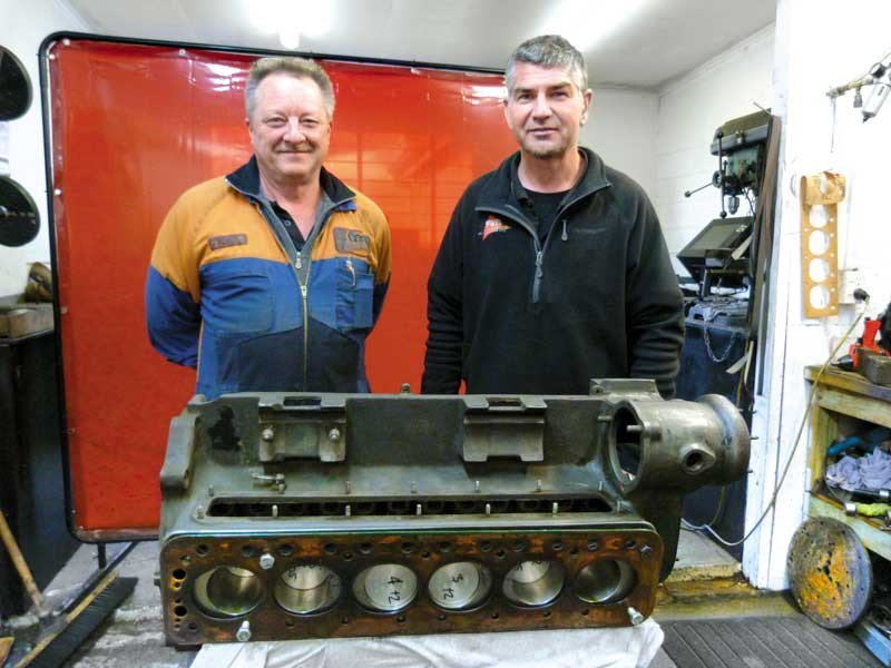 Engineer Keith McCab and Ian Walters with a Sunbeam engine