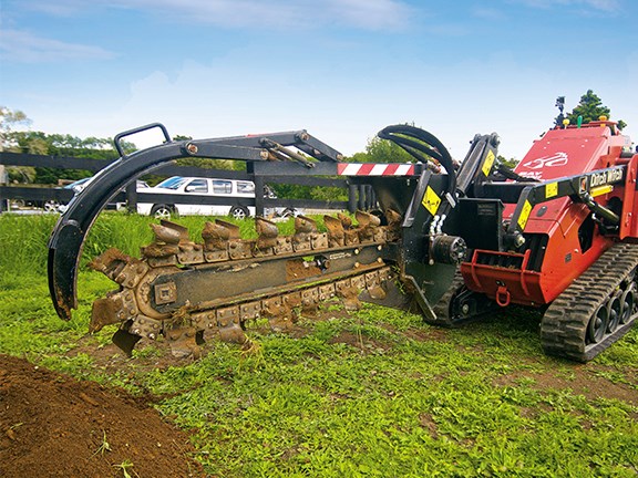 Using the trencher was made easy by using the mini skid steer loader’s foot-operated continuous flow option.
