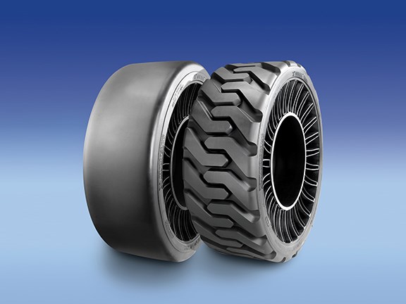 The Michelin X Tweel SSL Hard Surface (left) and All Terrain airless tyres for skid-steer loaders.