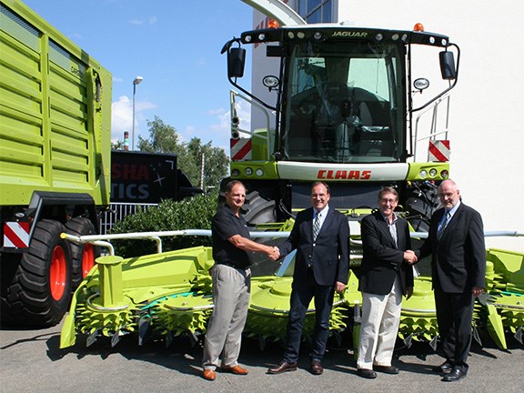 Shredlage founders Roger Olson (left) and Ross Dale (second from right) with Claas Group executive board member Hermann Lohbeck and Claas Saulgau head of business administration, Lutz Arnd.