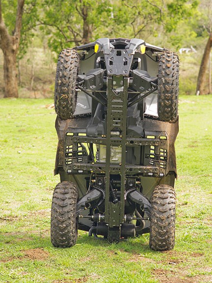 Every ATV has underbelly protection but exactly how much varies with brands and models. This Can-Am is generally well protected, though there’s not much armour around the rear CV joints