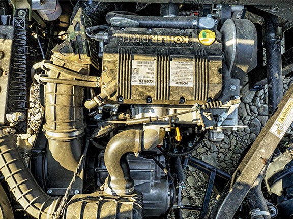 The 1028cc, three-cylinder Kohler diesel develops an unwhopping 24hp. There’s enough grunt for day to day work but the engine struggles for breath on long climbs