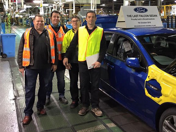 The last Ford Falcon rolls off the Broadmeadows assembly line. Source: AMWU