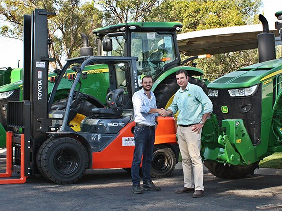 Farm equipment supplier Hutcheon and Pearce has upgraded its material-handling fleet by commissioning 18 Toyota forklifts. Pictured are Hutcheon and Pearce managing director Arron Hutcheon (right) and Liftek managing director Chaise Staltare.