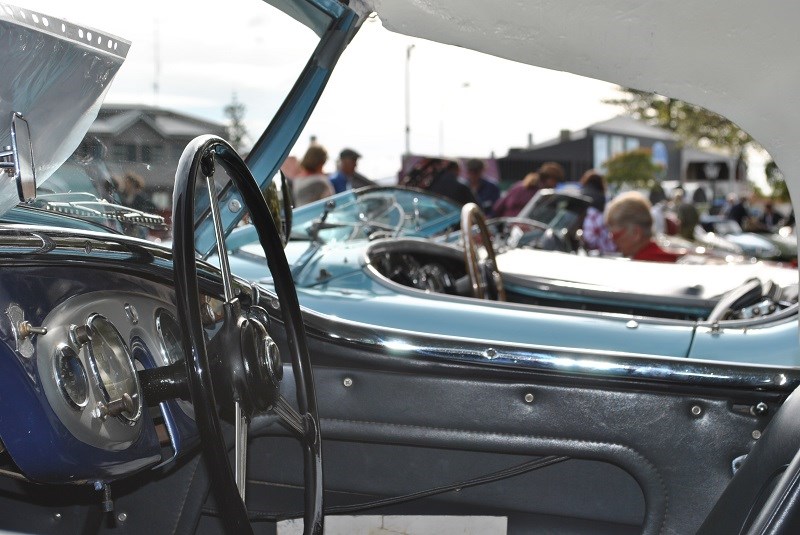 37 Austin Healey 100 line up through windows