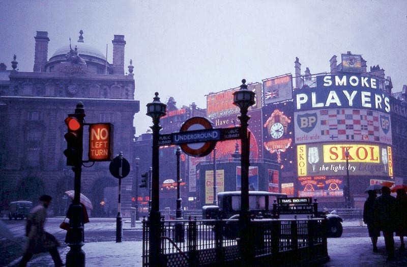 Cruising below the neons at a snowy Piccadilly Circus, London
