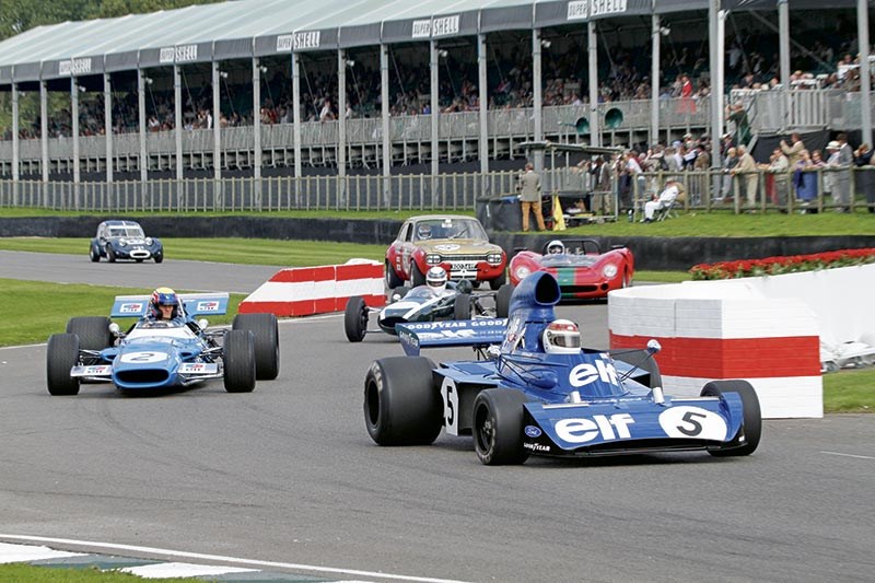 Sir Jackie Stewart in his Tyrrell, followed by Aussie Mark Webber in Jackie's championship Matra