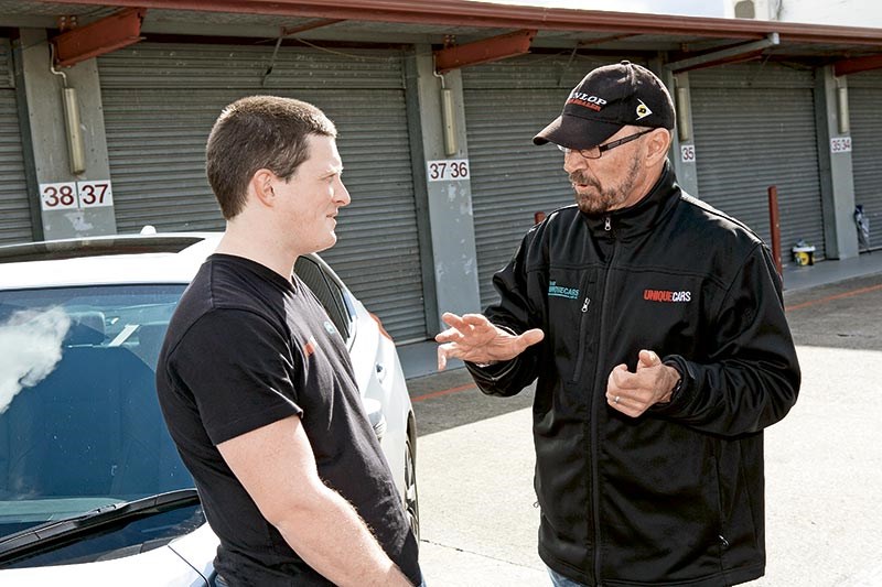 John Bowe gives Scott advice on the forced-induction grunt of the WRX at Sandown