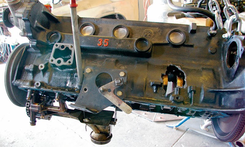 The engine block with holes clean through both sides