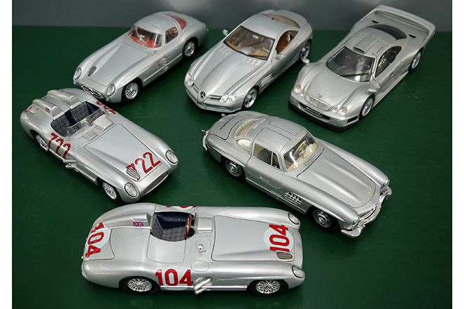 6 x Mercedes-Benz Silver Arrows 1:18 scale model cars. SOLD $504