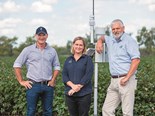 Goanna Ag COO Tom Dowling, CRDC R&D manager Susan Maas and GRDC manager chemical regulation Gordon Cumming with a Goanna Ag weather station