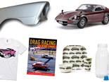Datsun 240Z model + muslce car t-shirts + Drag Racing in the 1960s book - Gearbox 454