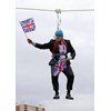 Boris Johnson hanging on Victoria Park zipline