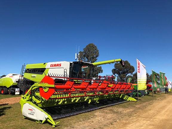 The new Claas Lexion combine 
 harvester on display at Henty 2019
