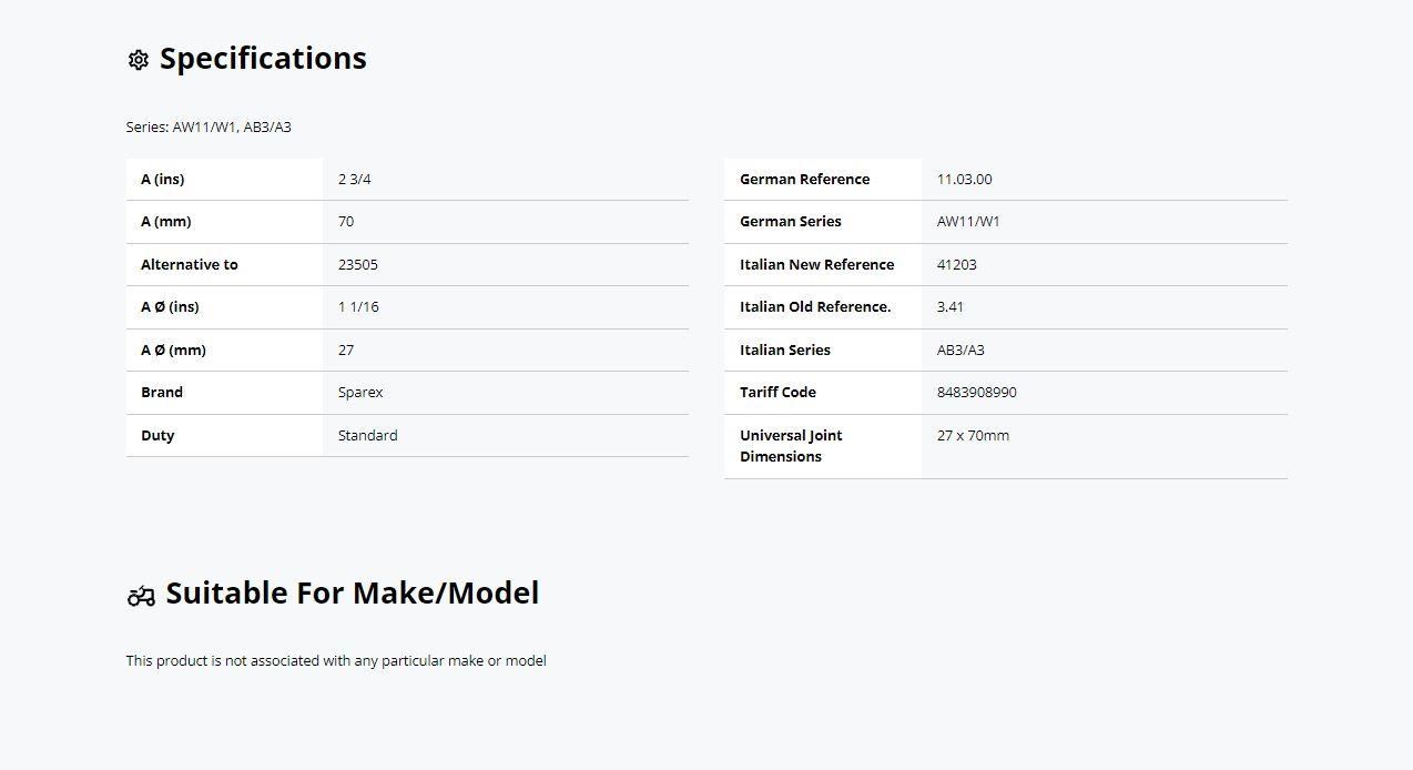 SPAREX PTO UNIVERSAL JOINT 27 X 70MM (STANDARD DUTY) for sale