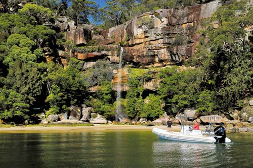 Ballistic rigid inflatable boat in lagoon