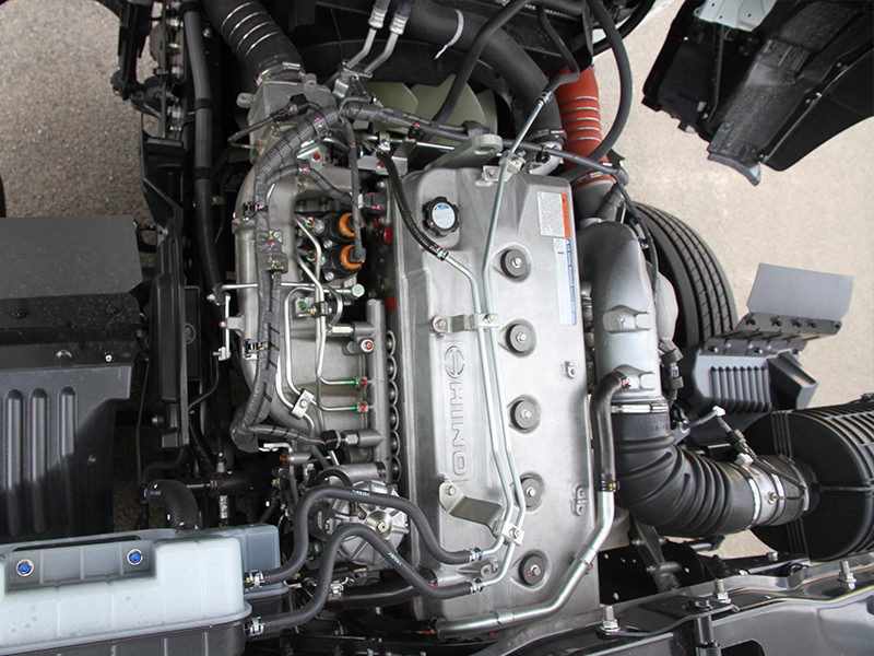 Hino’s A09C engine has been considerably reworked with among other things, a new turbocharger and a swap from Bosch to Denso common-rail fuel injection. The 350 hp rating is a gritty performer well-matched to Hino’s nine-speed manual shifter.