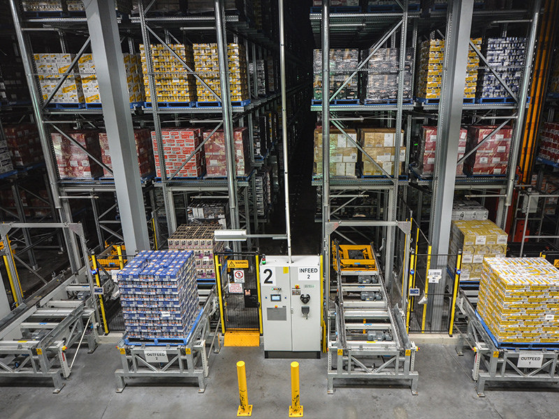 The automated storage warehouse at Huntingwood showing infeeds for the pallets