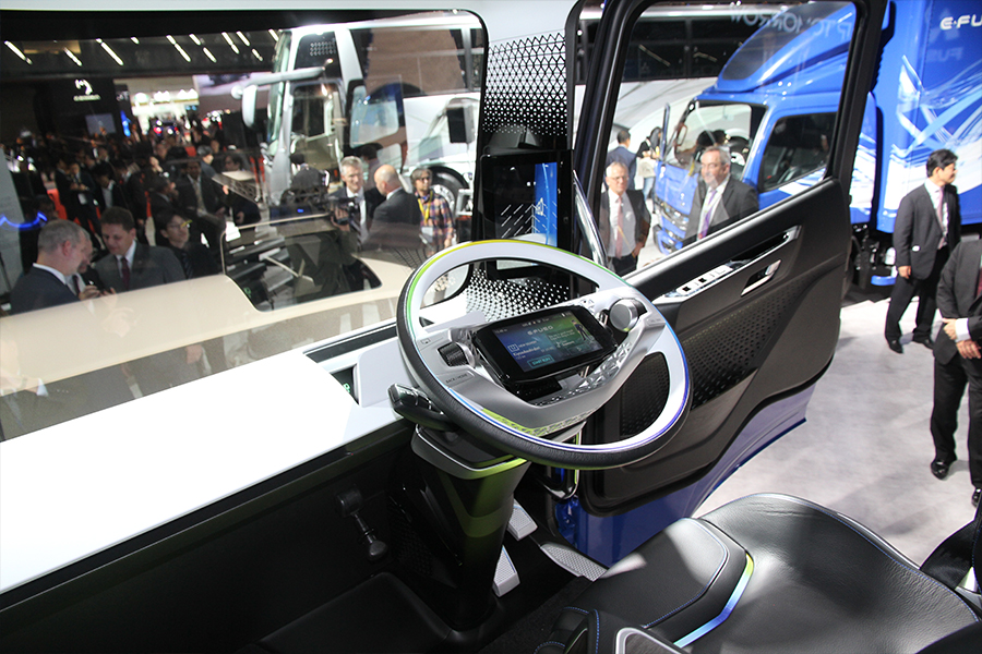  Visionary. On the inside of Fuso’s Vision One. The technology is remarkable, even down to mirror screens mounted on the inside. 