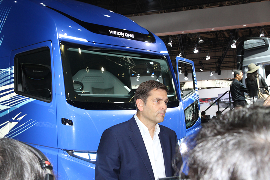  True believer. Daimler Trucks Asia supremo Marc Llistosella fronts international media at the launch of E-Fuso and Vision One. 