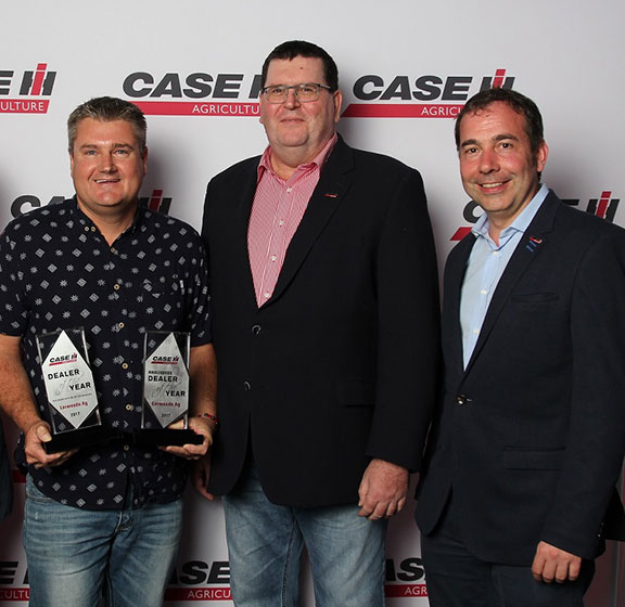 Larwoods Ag Services dealer principal Scott Mercer, left, with Bruce Healy, brand leader for Case IH Australia/New Zealand, and Matthieu Sejournie, brand leader Case IH Asia Pacific.